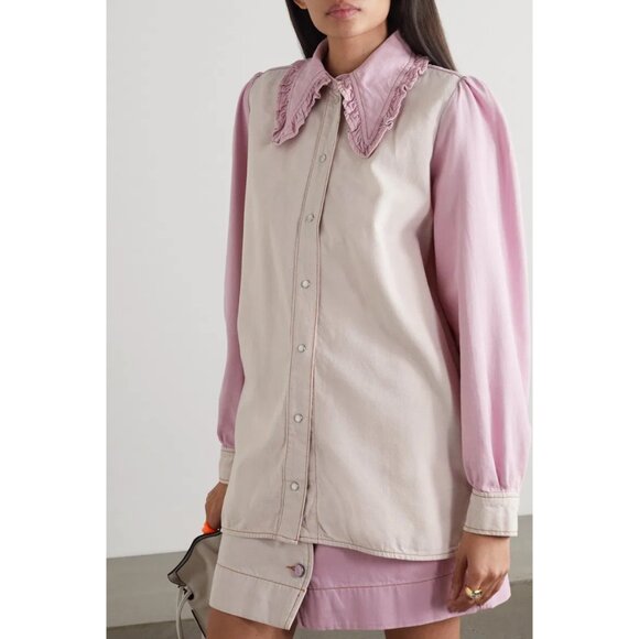 Ganni Ruffled Two-Tone Organic Denim Shirt - Picture 2 of 12